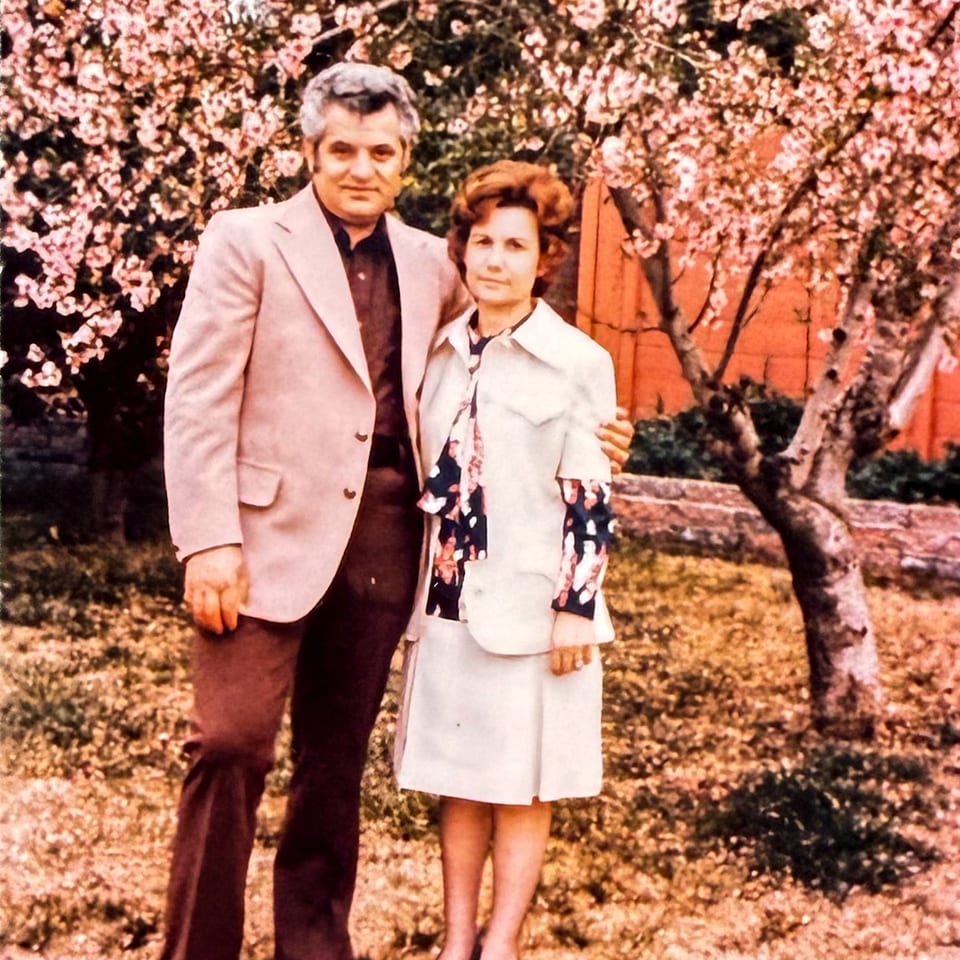 A man and woman stand in a garden with blooming trees, the man in a suit, the woman in a skirt suit.